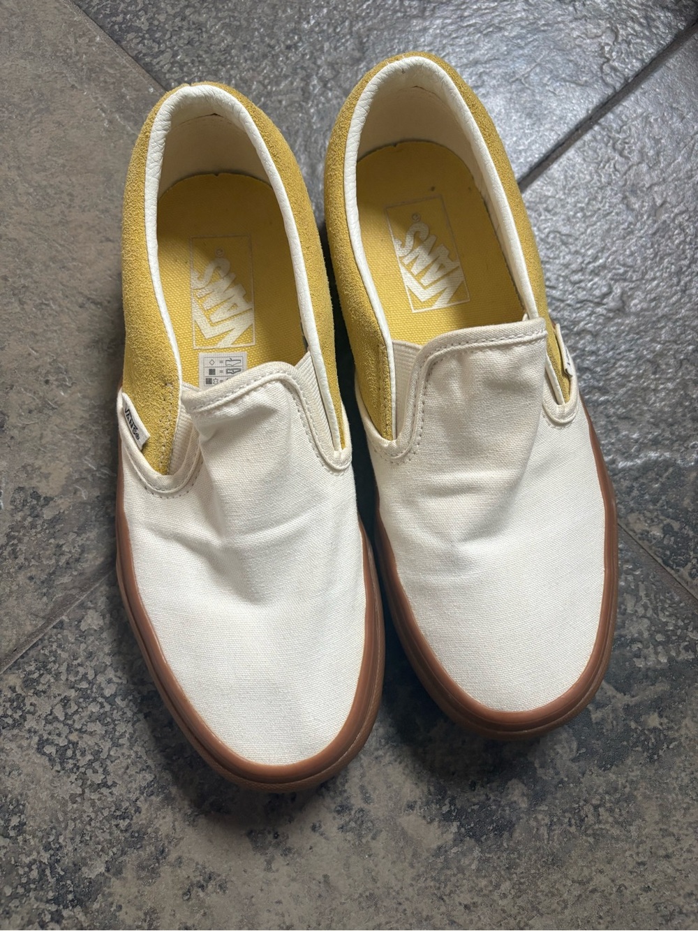 Vans White Canvas Slip-On Loafers with Mustard Yellow Accents